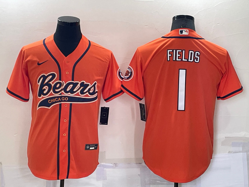 Men's Chicago Bears #1 Justin Fields Orange Cool Base Stitched Baseball Jersey Men's Chicago Bears #1 Justin Fields Orange Cool Base Stitched Baseball Jersey